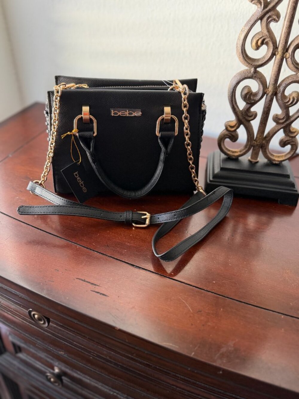bebe Katriel Small Black Satchel Gold Chain Crossbody NWT